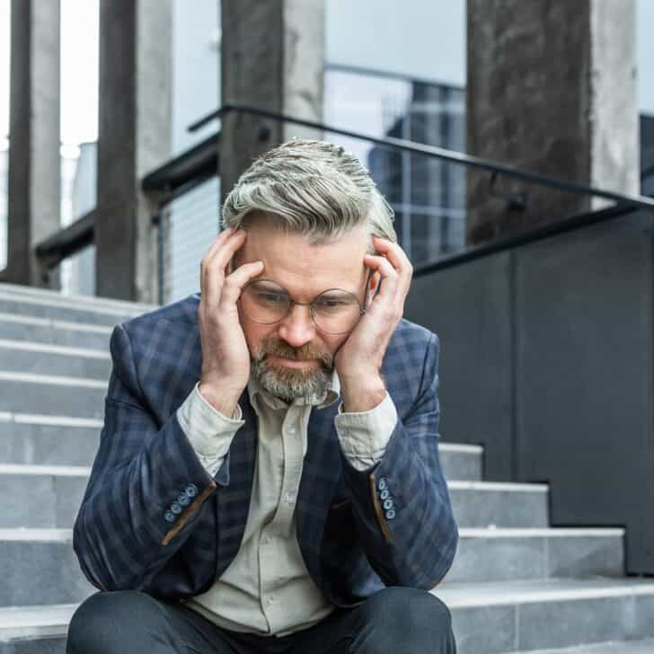 A man in a suit sits outside the courthouse on the steps and looks down, holding his head in his