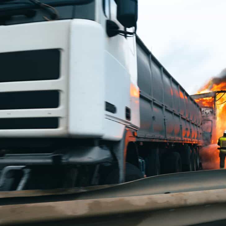 Car crash accident on a highway with damaged automobiles and smoke