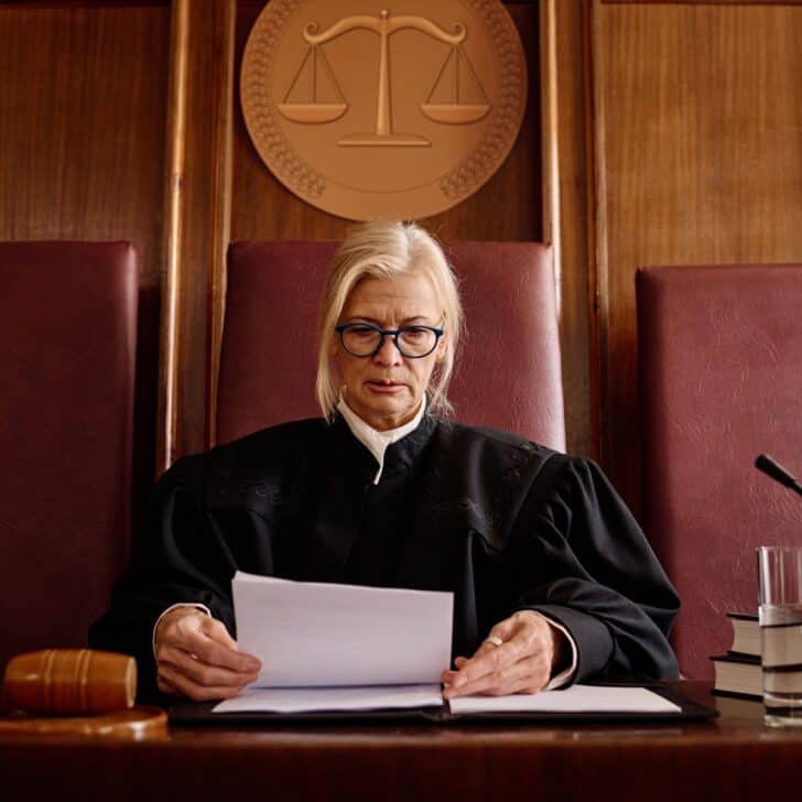 Confident mature female judge in black mantle looking through documents