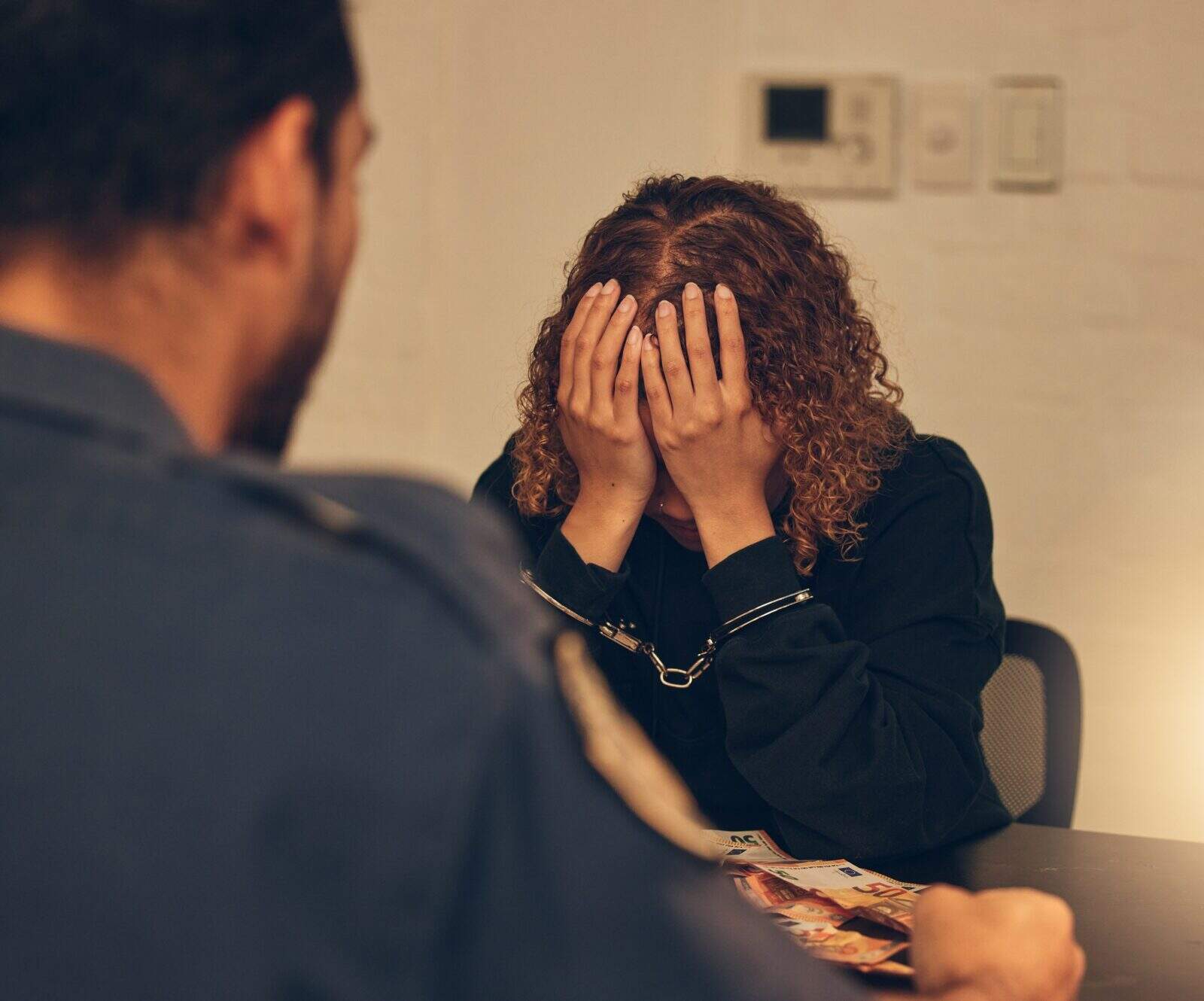 Police, investigation and detective listening to woman for crime interrogation or criminal arrest.