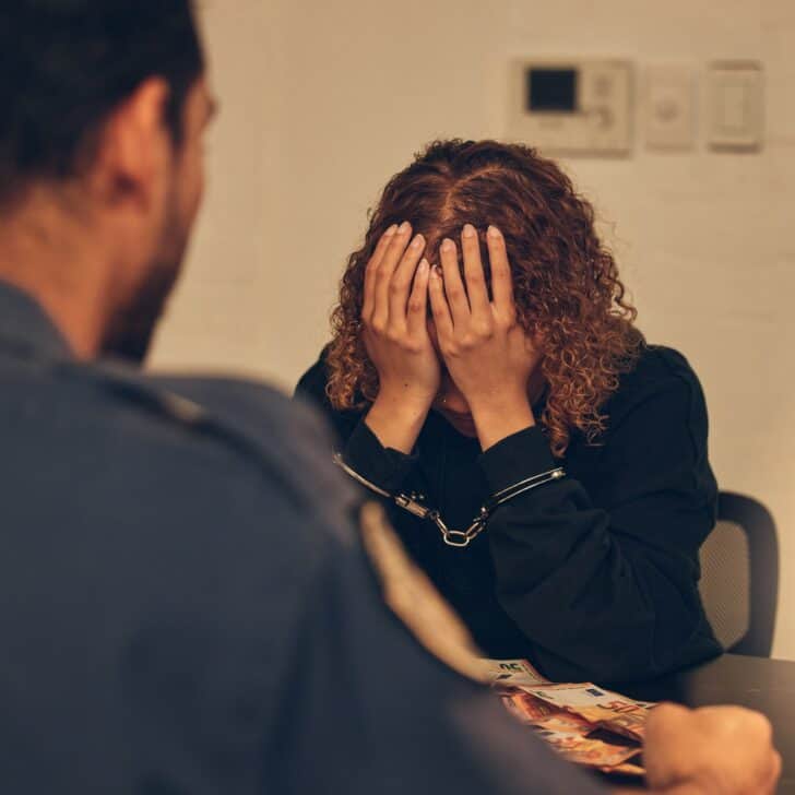 Police, investigation and detective listening to woman for crime interrogation or criminal arrest.