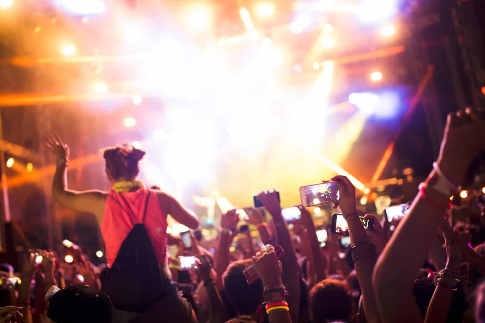 Portrait of happy crowd enjoying at music festival
