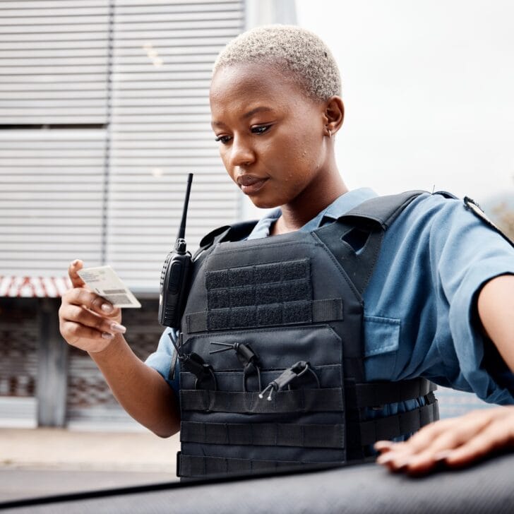 Black woman, drivers license or police officer in city to check info for law enforcement, protectio