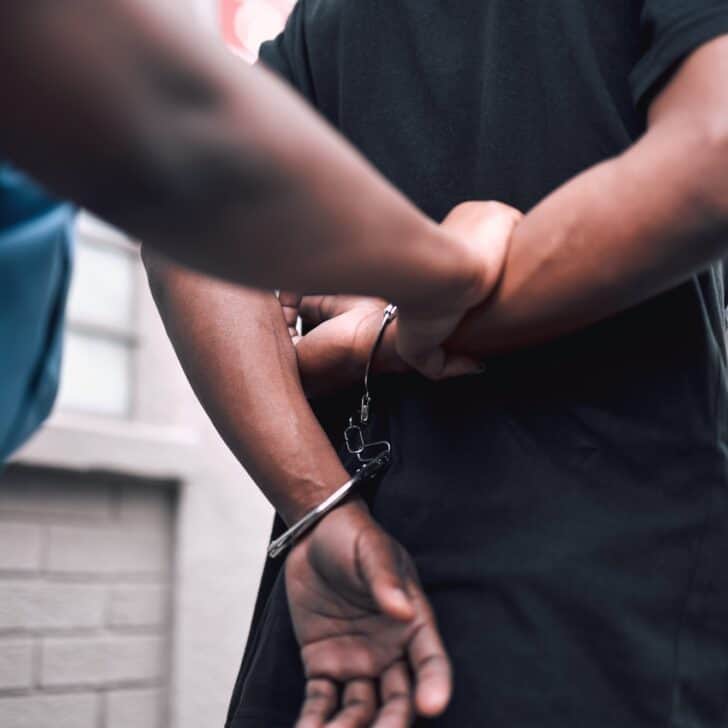 Hands, handcuffs or arrest with a police officer and criminal walking outdoor in a city from the ba